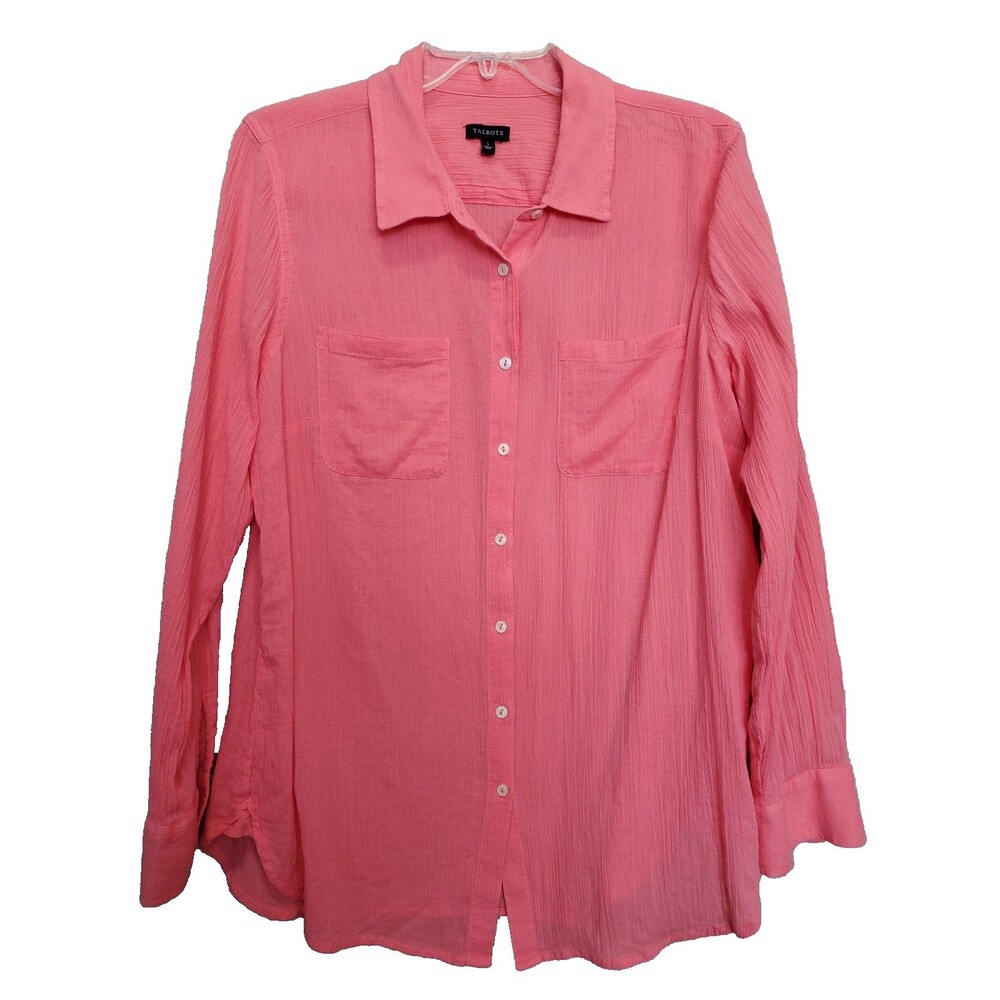Talbots Cotton Coral Pink Gauzy Crinkle Roll-Tab Sleeve Button-Up Shirt Large